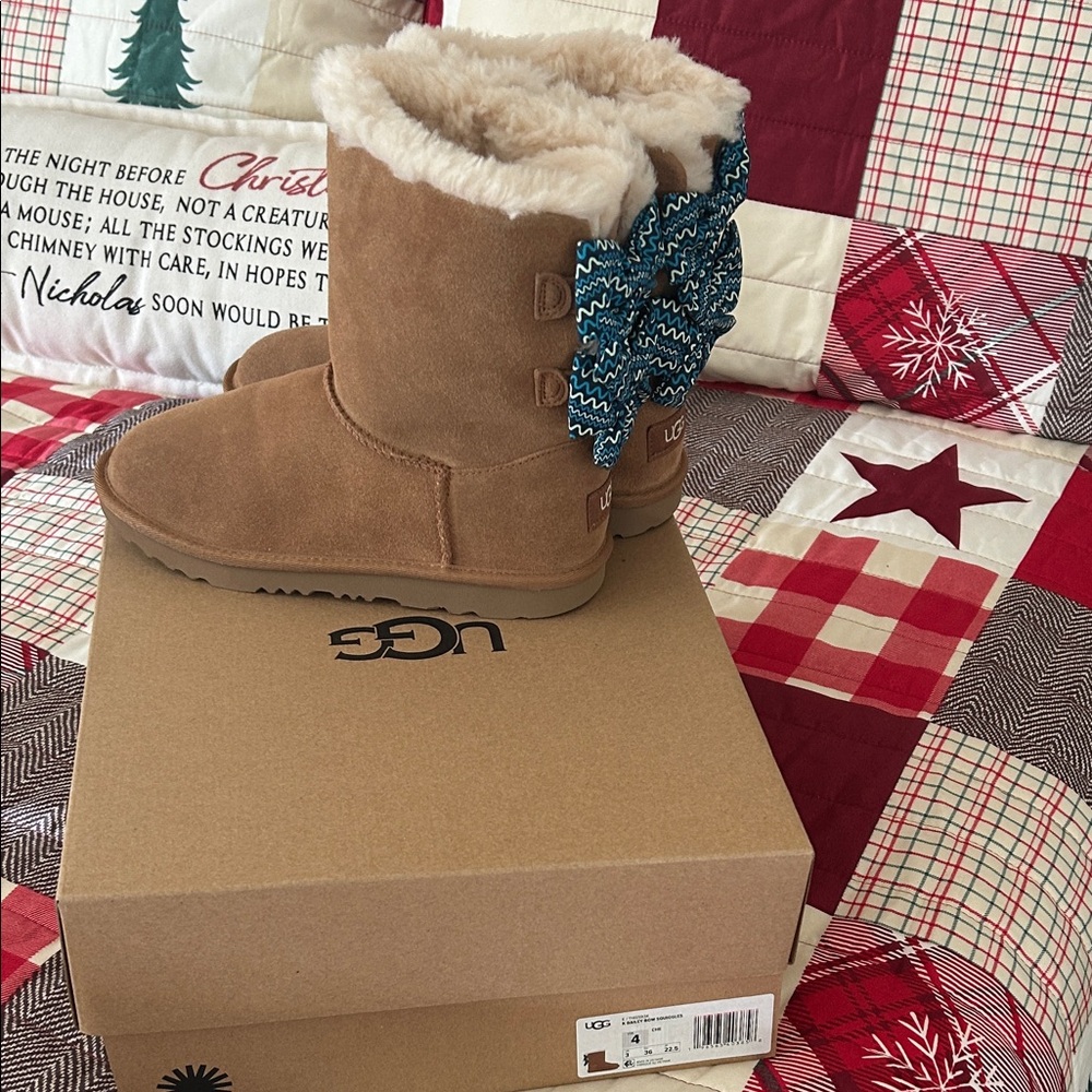 UGG Chestnut Boots with Patterned Blue Bows